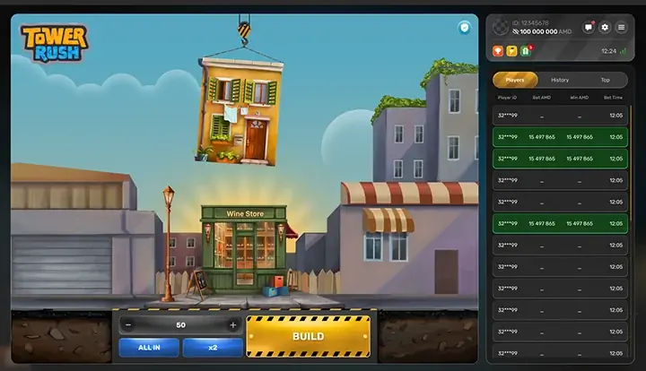 Tower Rush Game — Crash-Spiel mit Construcción de la Torre und Multiplikatoren für Österreich